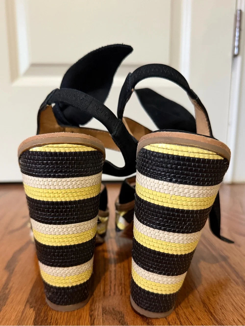 Black Suede Platform Sandals with Yellow and Brown Striped Wedge